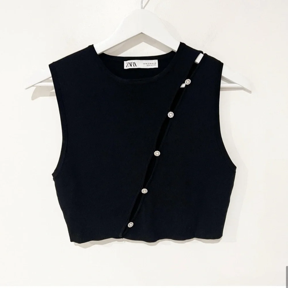 ZARA Knit Top with Jewel Rhinestone Diagonal Asymmetrical Button Knit Sweater - Picture 4 of 5